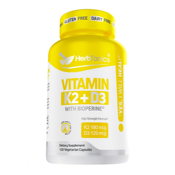 Herbtonics VITAMIN K2+D3 Immune System Support Vitamin K2 (MK7) with D3 5000 Iu Supplement + Bioperine (Black Pepper) | Strong Bones & Heart Health, 120 Veg Capsules, USA