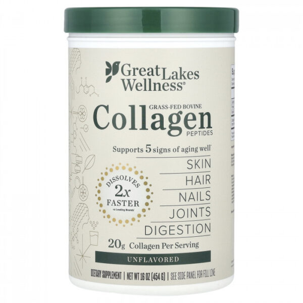 Great Lakes Wellness Collagen Peptides Powder for Skin, Hair, Nails, Joints & Digestionflavored - Quick Dissolve Hydrolyzed, Non-GMO, Keto, Kosher, 454 gram, USA