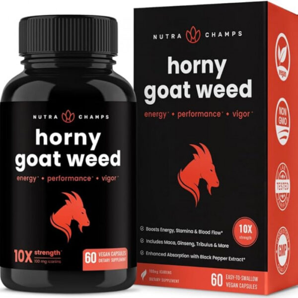 NutraChamps Horny Goat Weed, 1000mg Epimedium Energy Supplement, 10X Strength Icariin, Ginseng, Tribulus & Maca Pills for Women & Men, Enhanced Absorption with Black Pepper, 60 Vegan Capsules