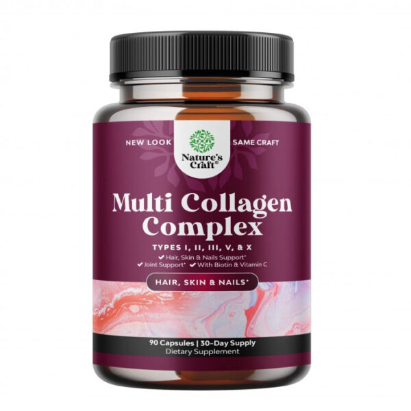 Natures Craft Multi Collagen Complex - Ageless Multi Collagen Peptides Supplements & Biotin for Hair, Skin and Nails Vitamins, for Men and Women - 90 Capsules, USA