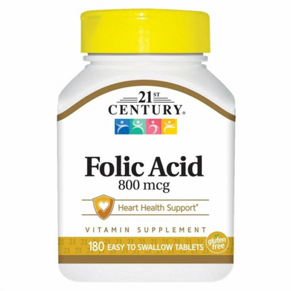 21st Century Folic Acid 800 mcg, support Heart Health and Vitamin Supplement, 180 Tablets, USA