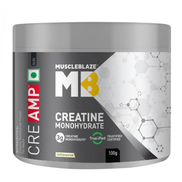 MUSCLEBLAZE Creatine Monohydrate CreAMP with CreAbsorb, 100g, Unflavored | Imported