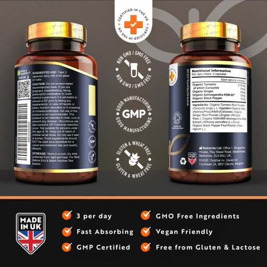 Nutravita 2100mg Organic Turmeric with Ashwagandha KSM-66® Full Spectrum Extract Ginger & Black Pepper 180 Capsules 154g