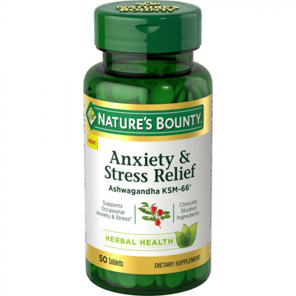 Nature’s Bounty Anxiety & Stress Relief Ashwagandha KSM 66, L-Theanine, Dietary Supplement, 50 Tablets, USA