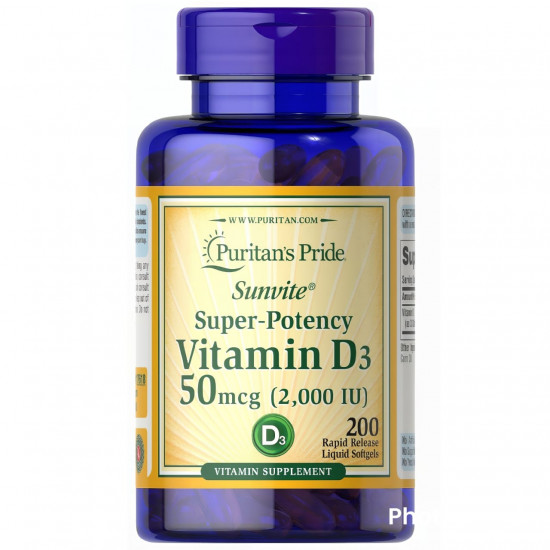 Puritan's Pride Vitamin D3 50 mcg (2000 IU), 200 Softgels
