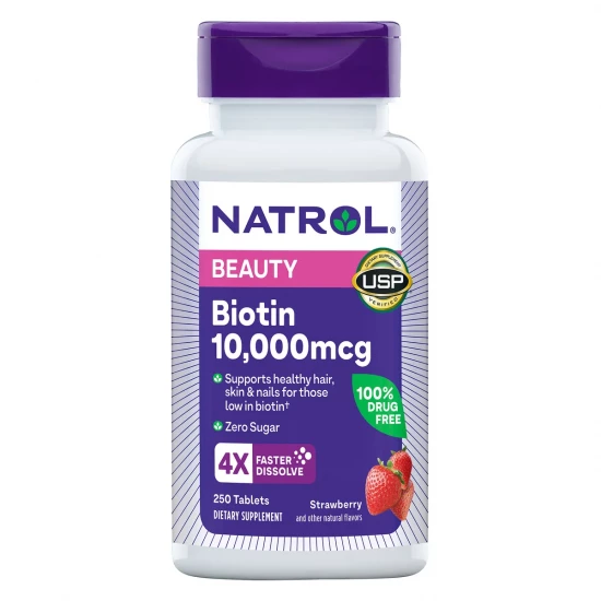Natrol Biotin 10000mcg | 4x Faster Dissolve Strawberry Supplement | 250 Tablets | USA