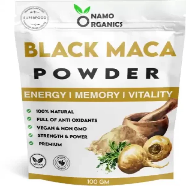 Namo Organic Black Maca Root Powder - 100 Gm - Peruvian for Men Add to Smoothies & Coffee, India, Exp Date- Sept/2024