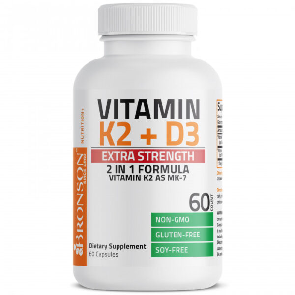 Bronson Vitamin K2 MK-7 Plus Vitamin D3 Extra Strength, 60 Capsules | USA