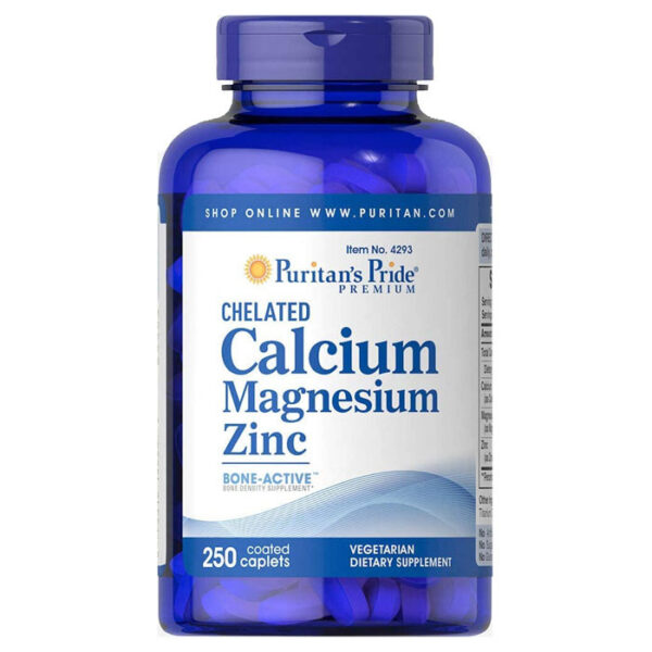Puritans Pride Chelated Calcium Magnesium Zinc Caplets, supports Immune function, Bone health, Bone density supplement, 250 Count, USA