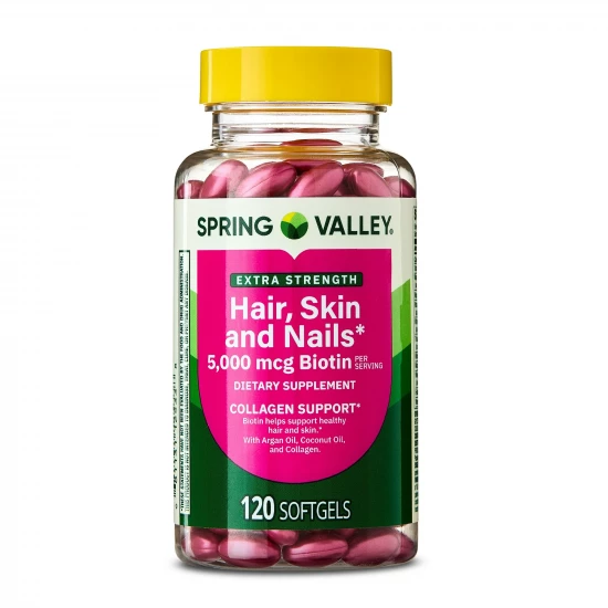 Spring Valley Extra Strength Hair Skin & Nails Collagen Support Softgels | 5000 mcg Biotin | 120 Count