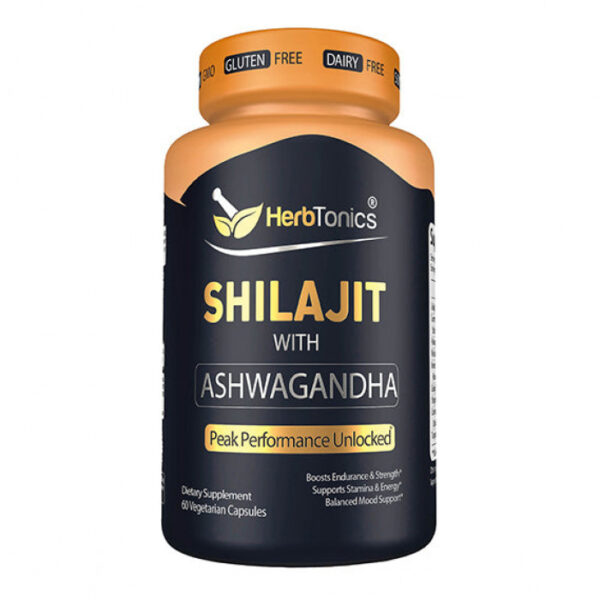 Herbtonics Shilajit with Ashwagandha, 60 Vegan Capsules | USA Import