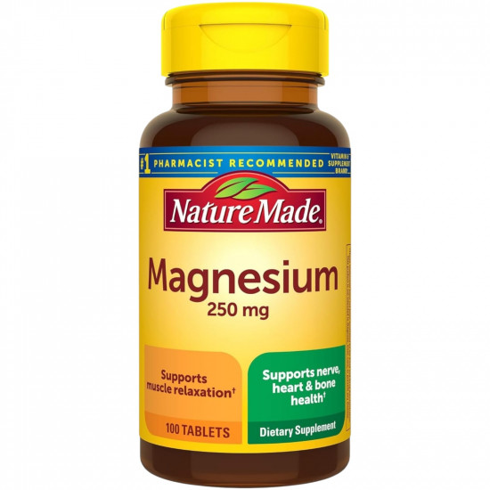 Nature Made Magnesium 250 mg, Magnesium Supplement for Muscle, Heart, Bone and Nerve Health Support, 100 Tablets, USA