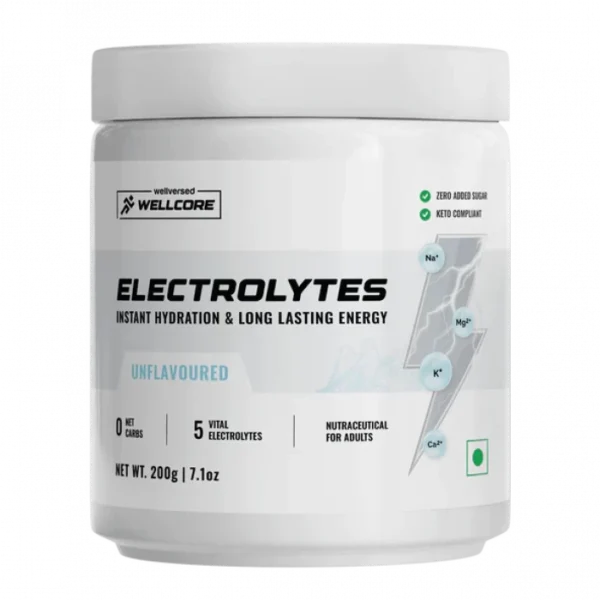 Wellcore - Electrolytes (Unflavoured, 200g), Electrolyte Drink With 5 Vital Electrolytes: Na, Mg, Ca, K, PO4 | Sugar Free Electrolyte Powder | Fat Fuel Powered Keto Electrolyte