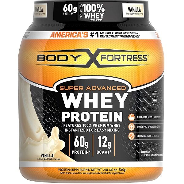 Body Fortress Super Advanced Whey Protein Powder, Vanilla Flavored, Gluten Free, 907 gram, Made in USA